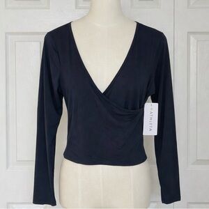 Women's Fast Track Rib Reversible Long Sleeve Wrap Top Black NWT